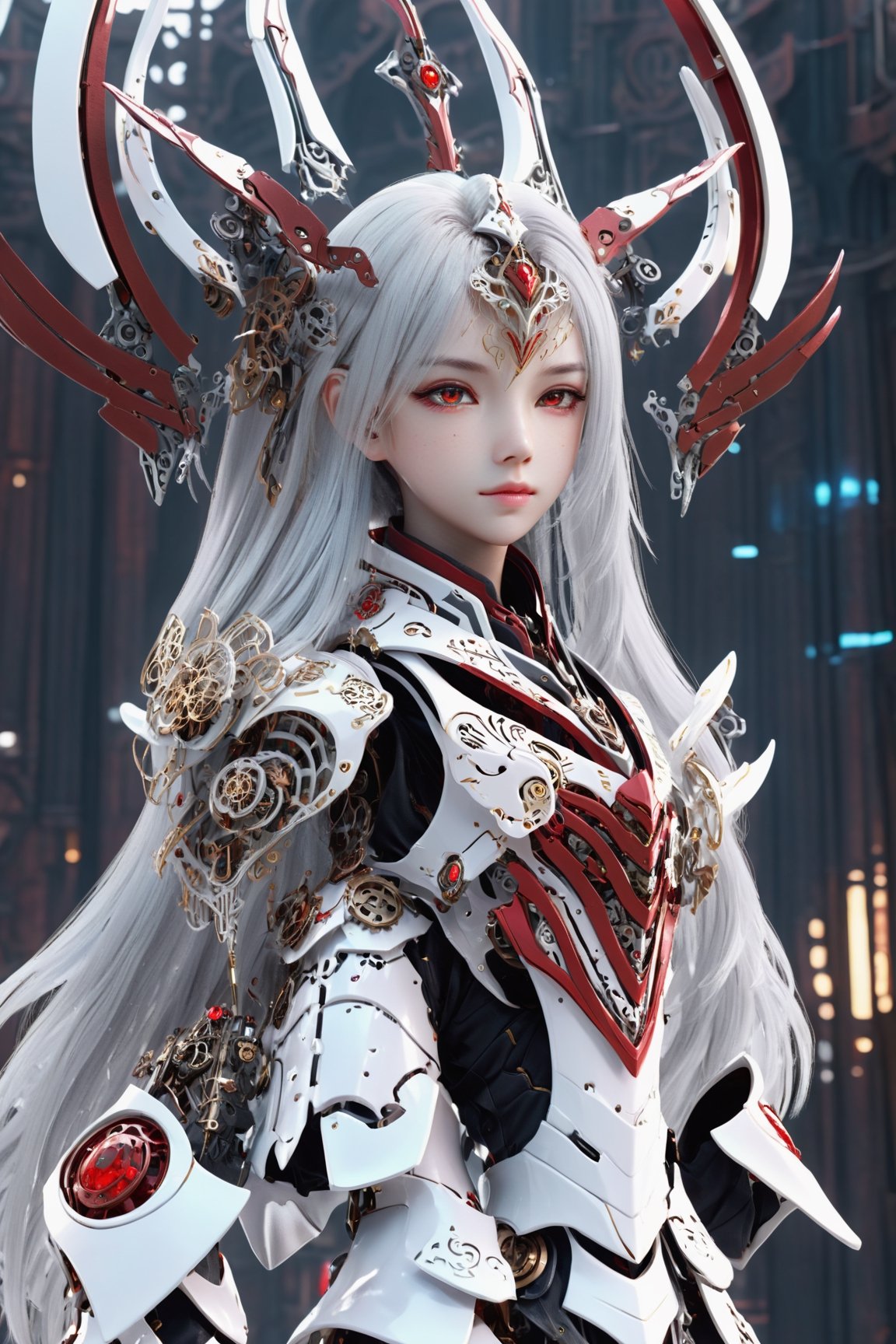 front_view, (1girl, looking at viewer), white long hair, black metalic mechanical_armor, dynamic pose, delicate white filigree, intricate filigree, red metalic parts, intricate armor, detailed part,steampunk style,mecha,4nime style,DonMPl4sm4T3chXL ,candyseul