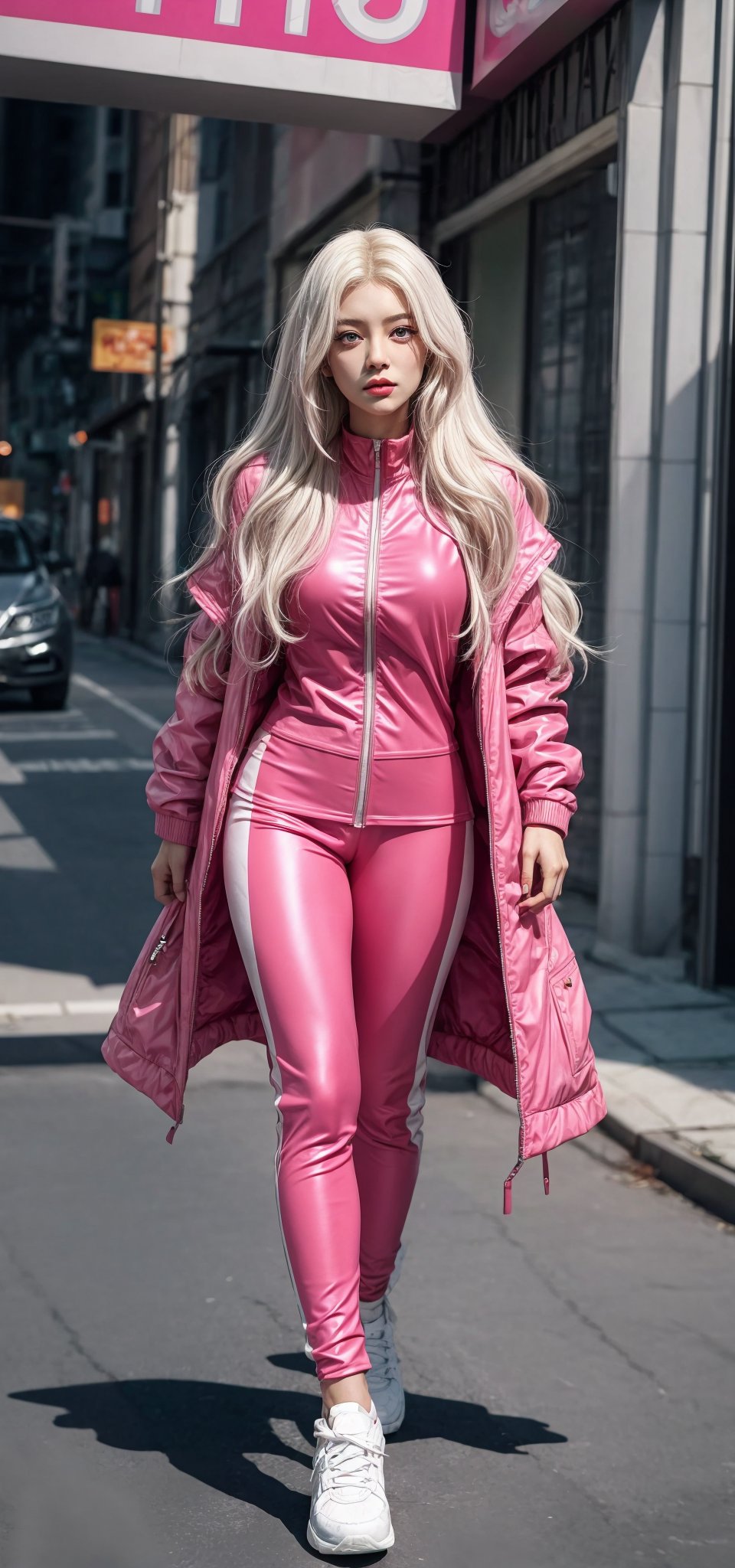 Girl atomic Eve from the cartoon, In a pink supersuit, (portrait:-1),Movie Still,Film Still, full body show, Loose long white hair,SMMars,perfecteyes,Detailedface