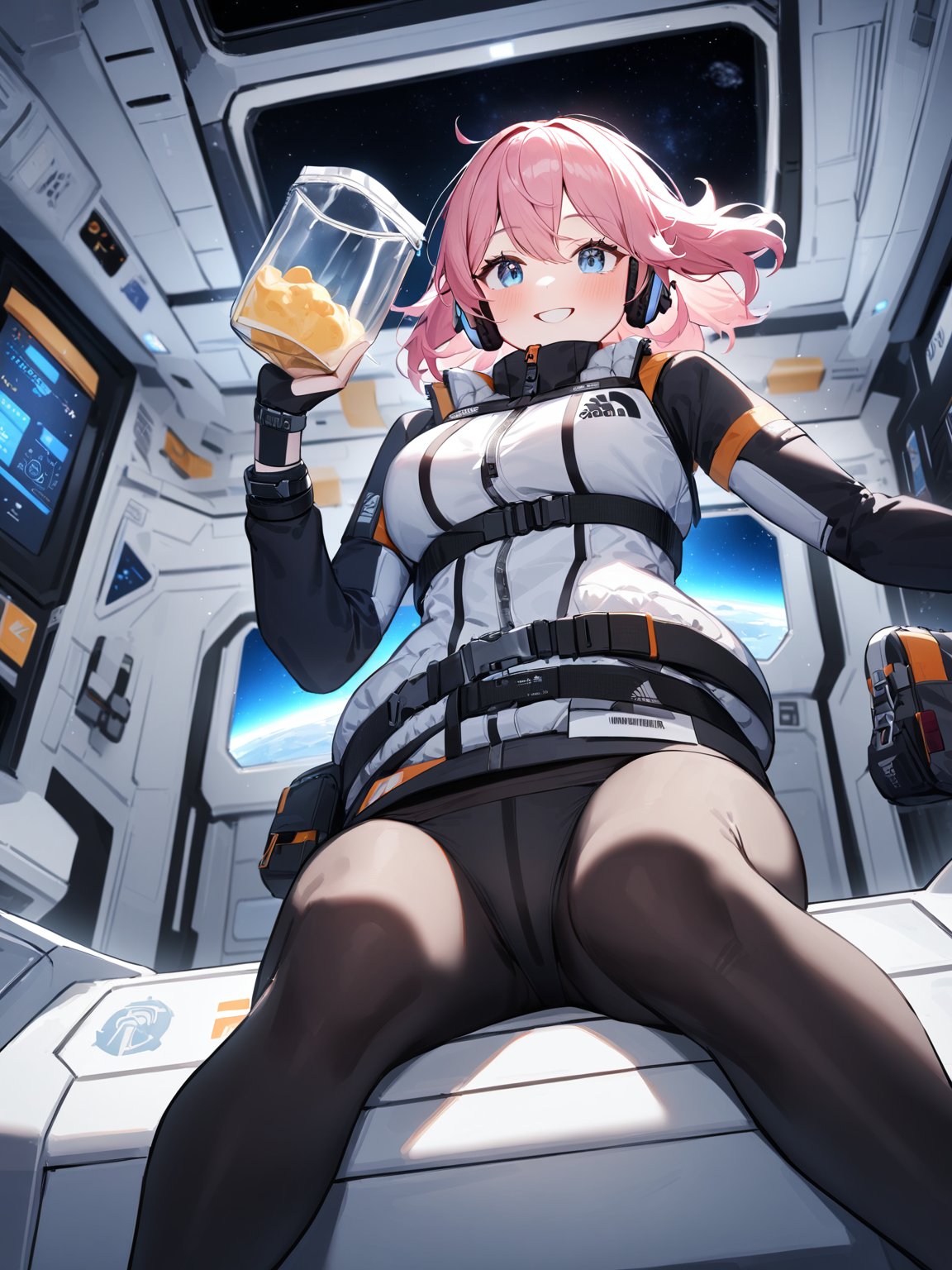 masterpiece, highest quality, high resolution, breasts, 20yo,(solo):2,2girls,pink hair,blue hair,(inside space station):2,flying:2,floatong:2,zero gravity,wind:1.5,

BREAK
headphone,(futurstic tight-fit bodysuit):2,(white long downvest):100,(northface white puffy downvest):2,(puffy):2,(black sleeves):5,(black tights):2,(black belt),(smartwatch):100,astrovest
BREAK
1girl, sitting in spacecraft cabin, space station interior, looking out of large windows at Earth below, beautiful eyes, sharing a nutritious food package, aluminum foil pouch with plastic viewing window, contains nutritious liquid or puree together, smiling and chatting, bright and cheerful expressions, high quality cinematic lighting, detailed textures, sharp focus,blonde hair,blue eyes,
