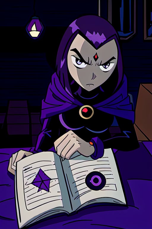 Raven reading a book with a pentagram symbol. Serious face. dark purple room scenery. Cartoon style. Teen Titans 