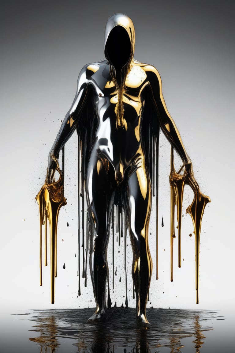 extremely Detailed colorful liquid metal person dripping and falling apart, high resolution face, Anti-Aliasing, FXAA, De-Noise, Post-Production, SFX, insanely detailed & intricate, hypermaximalist, elegant, ornate, hyper realistic, super detailed, noir coloration, serene, 16k resolution, full body