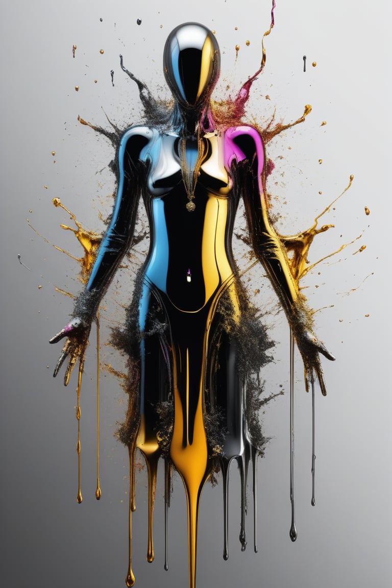 extremely Detailed colorful liquid metal person dripping and falling apart, high resolution face, Anti-Aliasing, FXAA, De-Noise, Post-Production, SFX, insanely detailed & intricate, hypermaximalist, elegant, ornate, hyper realistic, super detailed, noir coloration, serene, 16k resolution, full body