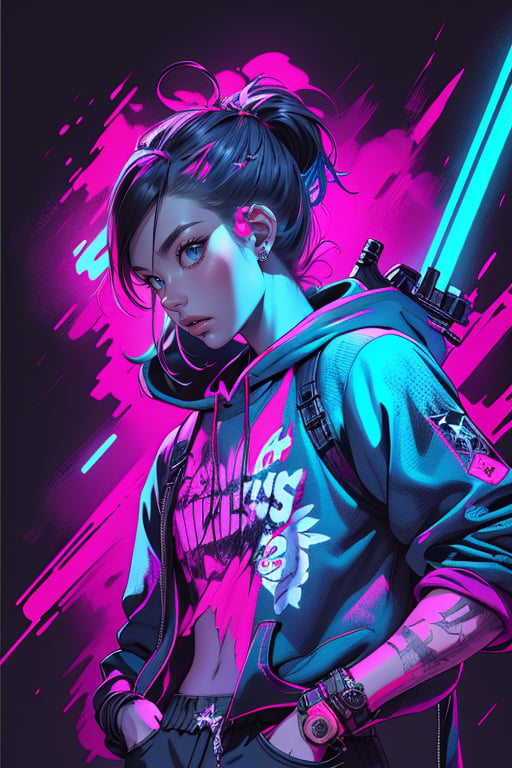 dark gothic cyberpunk woman, defiant face, pastel colors, in clothes, colorful hair, light yellow sweatshirt, pants, black, with pink, guns hd, high detail, huoshen, TheLastOfUs, mgln
