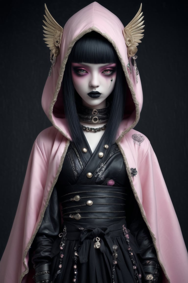 little pink hood in a fusion of Japanese-inspired Gothic punk fashion,  elegance ancient Egypt edgy elements of Gothic pun...