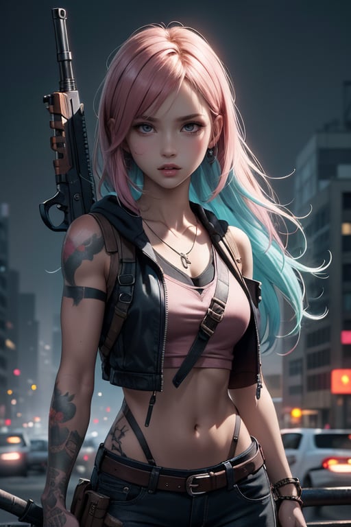 dark gothic cyberpunk woman, defiant face, pastel colors, in clothes, colorful hair, light yellow sweatshirt, pants, black, with pink, guns hd, high detail, huoshen, TheLastOfUs, mgln
