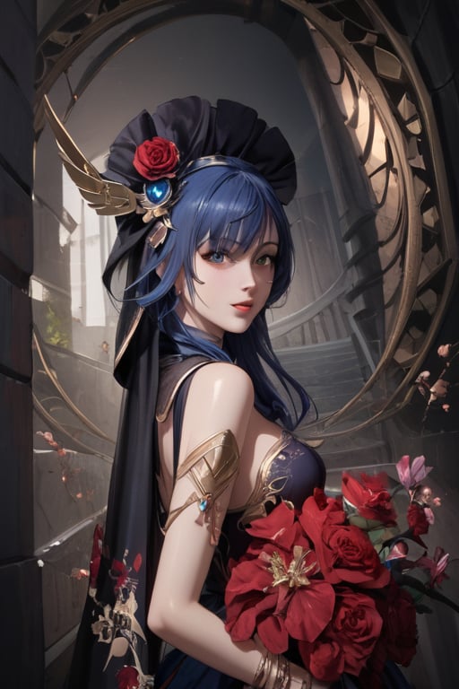 masterpiece, RAW,, ultra realistic, outdoors, ((blue hair)), (hair ornament), reah, long blue hair, looking at viewer, perfect face, see through top, stairs, facing viewer, blue glows, Science Fiction, sexy, 4K, 8k HD, Circle, high quality, OceanGoddess,1 girl, portrait, red scarf, red cloak, red dress, bracelet