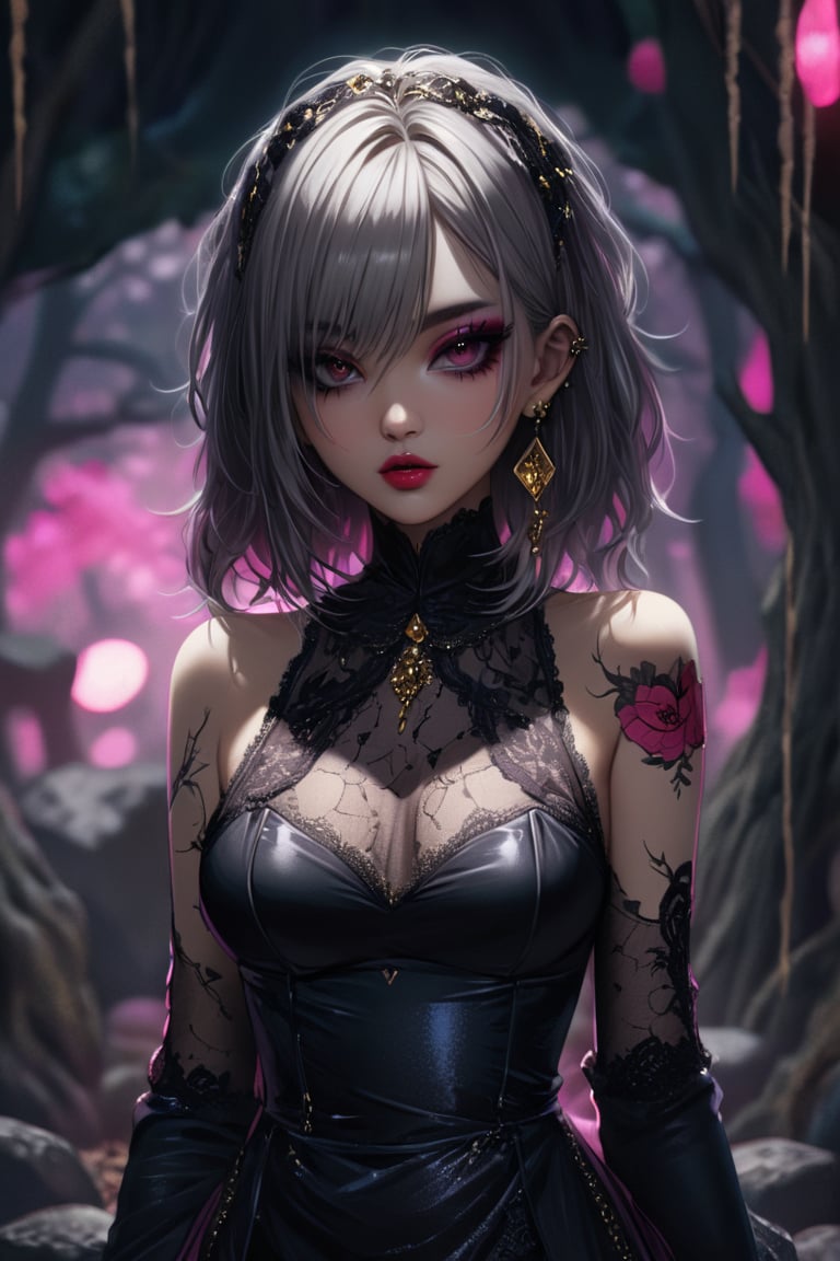 Masterpiece, 4K, ultra detailed, beautiful female singer with flawless dark makeup, beautiful detailed eyes and glossy lips, golden earring, wavy long white hair, sheer pink lace robe with lace stockings, large boulder in quiet autumn forest, depth of field, SFW, more detail XL, punk art style,