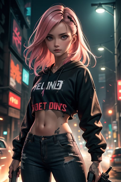 dark gothic cyberpunk woman, defiant face, pastel colors, in clothes, colorful hair, light yellow sweatshirt, pants, black, with pink, guns hd, high detail, huoshen, TheLastOfUs, mgln
