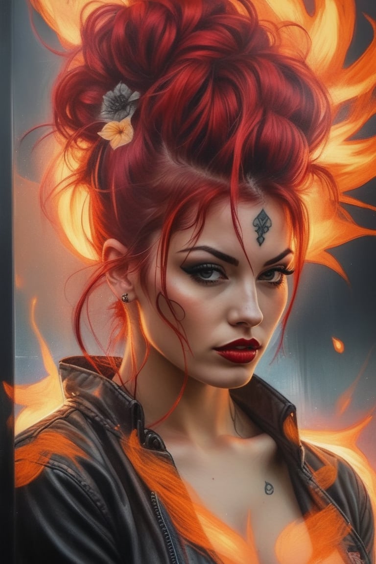 Tattoo sketch, by enki bilal, double exposure. high quality, high detail, (16K Ultra HD), (masterpiece), (best quality), (ultra realistic detail).  (beautiful rockabilly girl), (cherry red hair with dark roots), dark smoky background