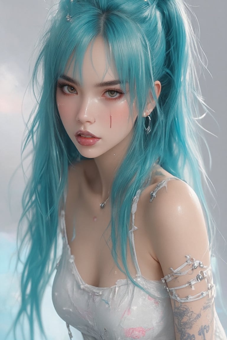 Portrait of a bold woman with dyed hair,  half electric blue and half metallic gold,  intricate tattoos in gothic letterin...