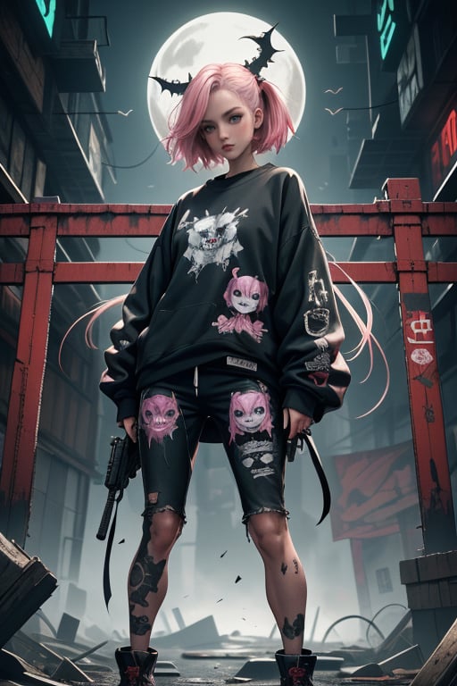 dark gothic cyberpunk woman, defiant face, pastel colors, in clothes, colorful hair, light yellow sweatshirt, pants, black, with pink, guns hd, high detail, huoshen, TheLastOfUs, mgln
