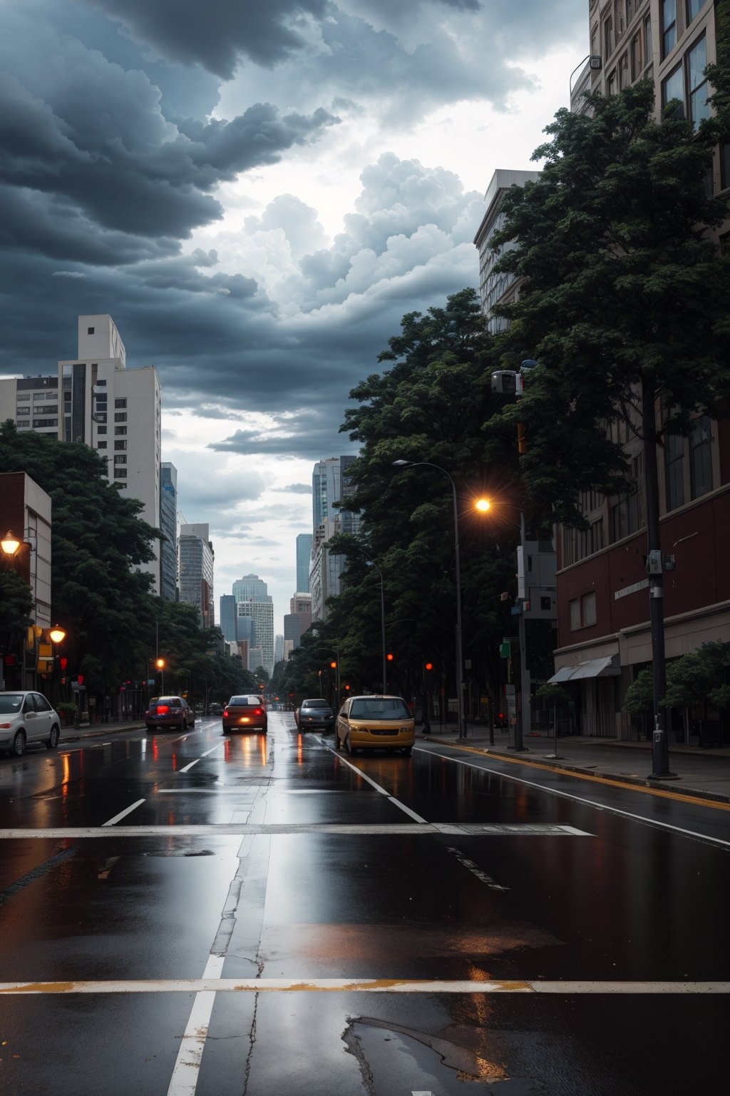 (masterpiece, best quality, highres:1.3), ultra resolution image, Road extending into the distance with a massive mountain range, puddles after rain, skyscrapers and a park along the road, signage hanging, cloudy weather, distant thunderstorm, pedestrians on the sidewalk, traffic lights and road, anime-style, with a sense of perspective and a vast scene.