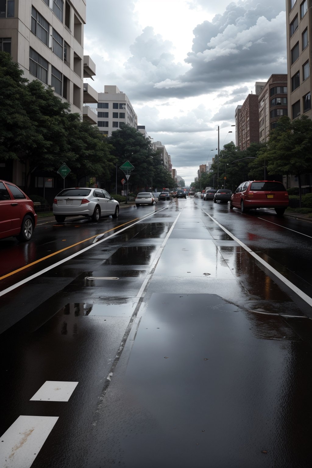 (masterpiece, best quality, highres:1.3), ultra resolution image, Road extending into the distance with a massive mountain range, puddles after rain, skyscrapers and a park along the road, signage hanging, cloudy weather, distant thunderstorm, pedestrians on the sidewalk, traffic lights and road, anime-style, with a sense of perspective and a vast scene.