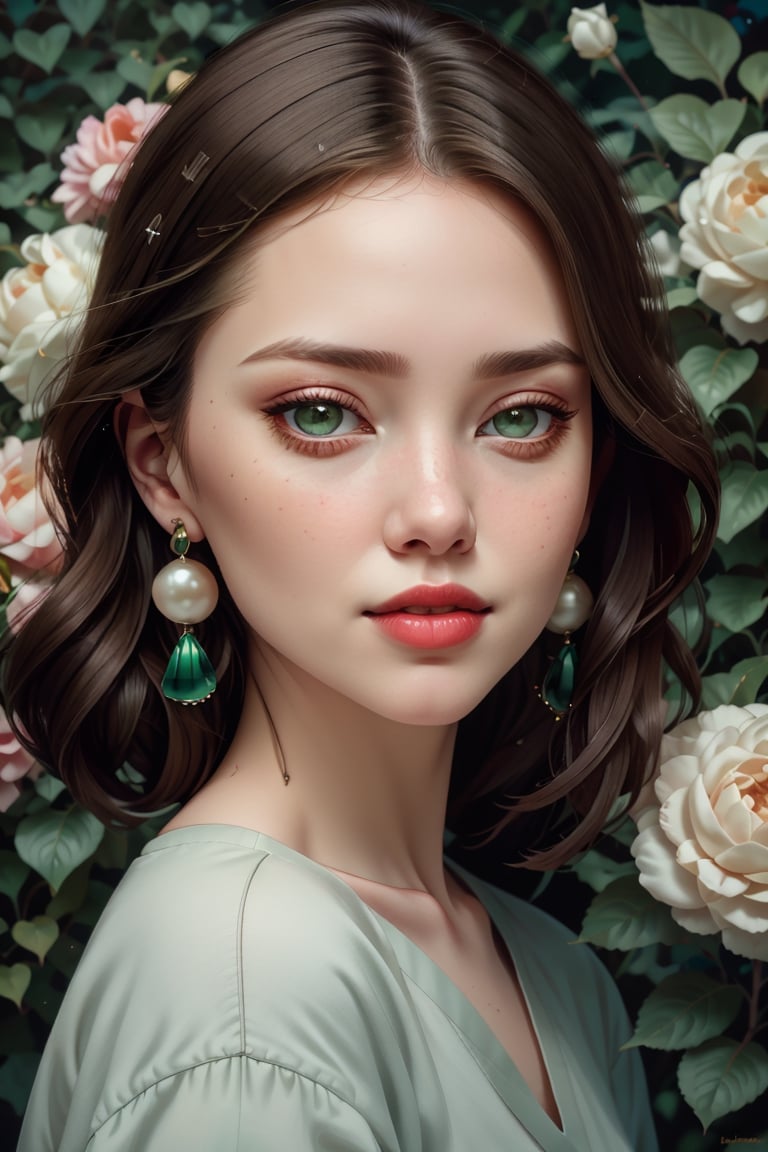 Portrait headshot of a Joyful white young-adult female with medium brown hair and green eyes, jewelry, Pearl earrings, dark eyeliner, dark eyeshadow, red lipstick, Imaginative_Melodies, Gardenia_Portraits,