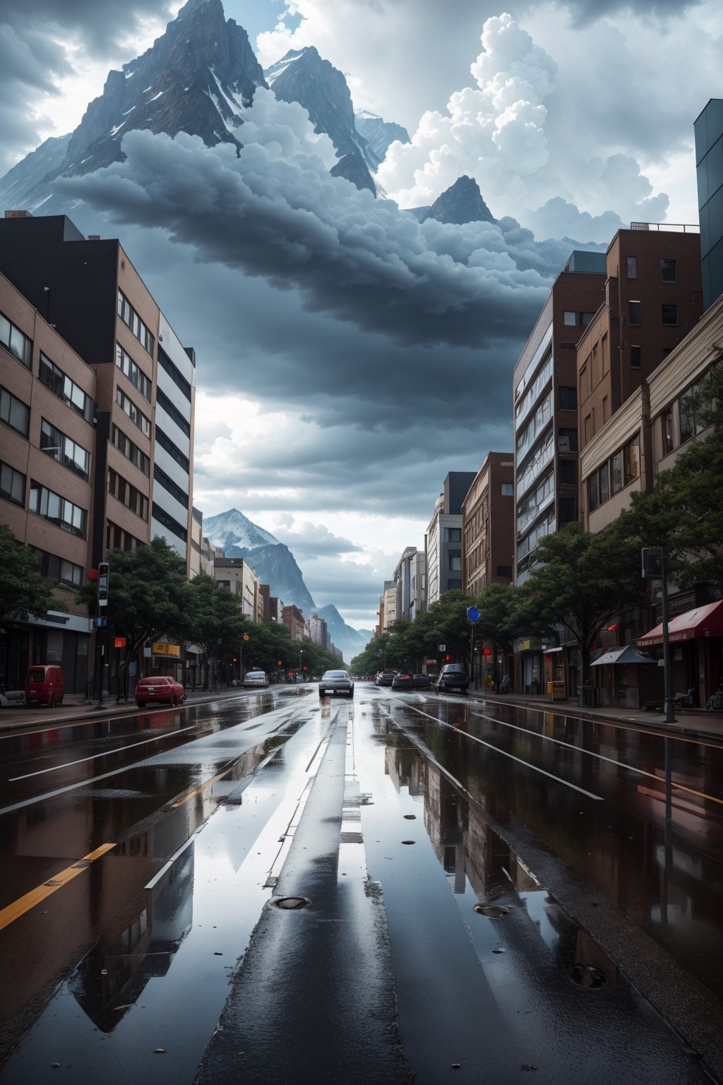 (masterpiece, best quality, highres:1.3), ultra resolution image, Road extending into the distance with a massive mountain range, puddles after rain, skyscrapers and a park along the road, signage hanging, cloudy weather, distant thunderstorm, pedestrians on the sidewalk, traffic lights and road, anime-style, with a sense of perspective and a vast scene.