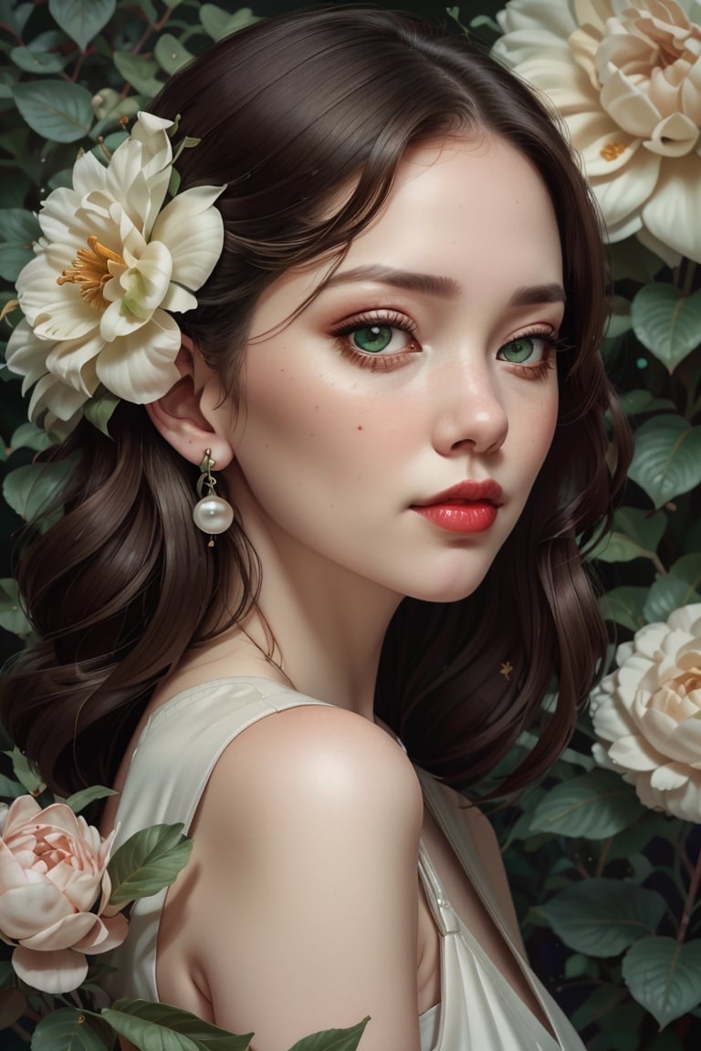 Portrait headshot of a Joyful white young-adult female with medium brown hair and green eyes, jewelry, Pearl earrings, dark eyeliner, dark eyeshadow, red lipstick, Imaginative_Melodies, Gardenia_Portraits,