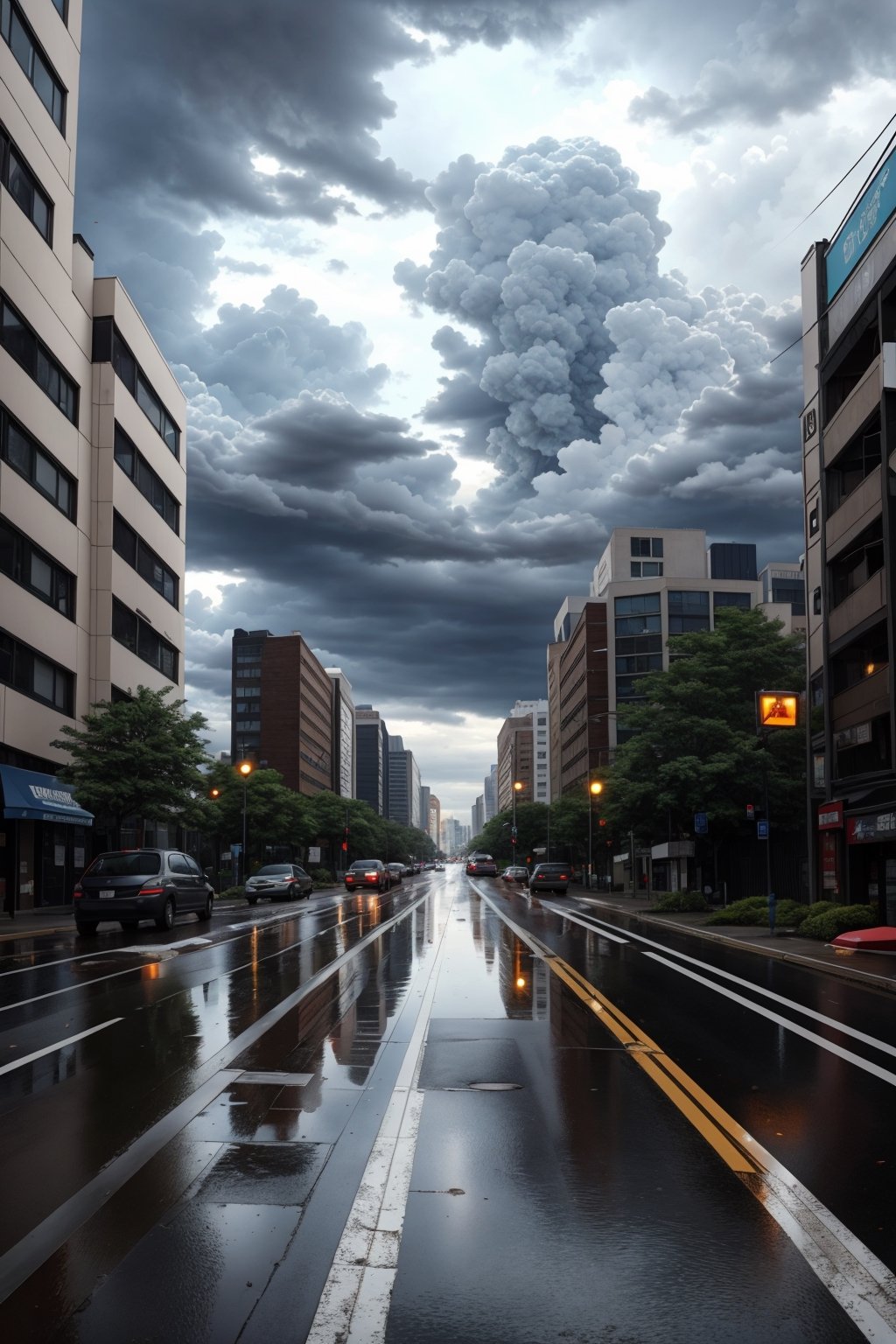 (masterpiece, best quality, highres:1.3), ultra resolution image, Road extending into the distance with a massive mountain range, puddles after rain, skyscrapers and a park along the road, signage hanging, cloudy weather, distant thunderstorm, pedestrians on the sidewalk, traffic lights and road, anime-style, with a sense of perspective and a vast scene.