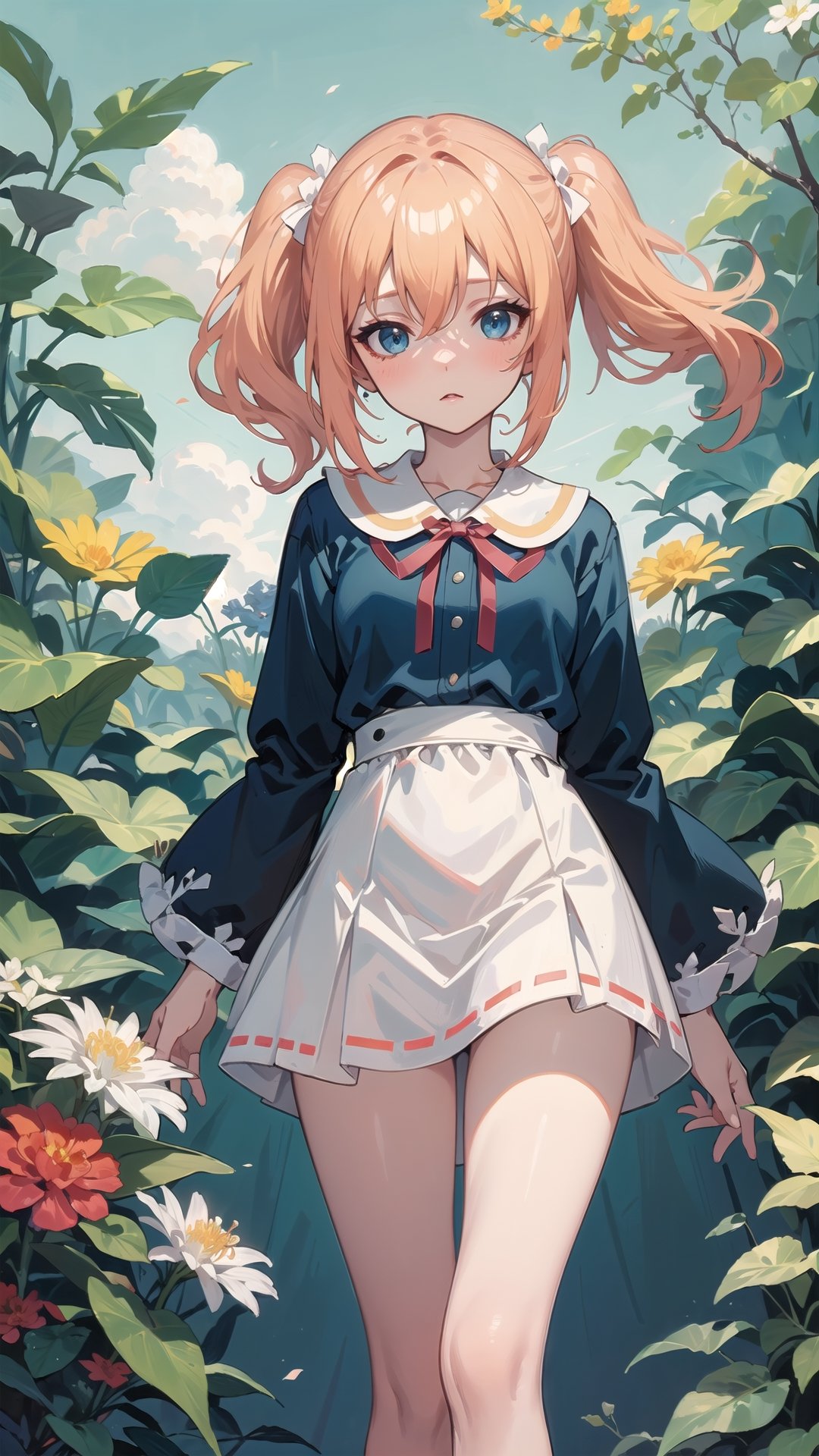 ((SFW)), a girl with long_blonde_hair standing in front of bushes, anime_girl with long_blonde_hair hair_between_eyes, blue_eyes, wearing a dated day dress, dress embellishments ribbon pattern, anime visual of a cute girl, nyaruko-san, seifuku, blonde twintails, top rated on pixiv, very_long_hair, white_dress, red_flower, wide_sleeves, wind wind_lift,, Imaginative_Melodies, Gardenia_Portraits,