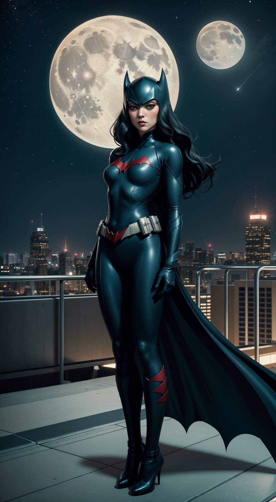 A full body Batwoman character, cartoon comic style, minimum detailing, on top of City rooftop at night, stars and one_moon, nice dynamic pose, Imaginative_Melodies, Gardenia_Portraits,