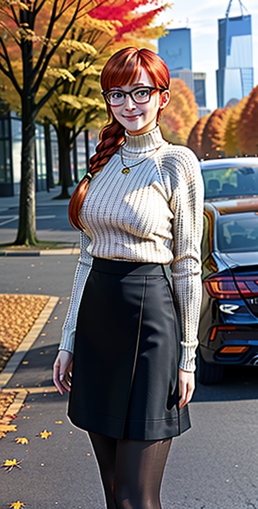 (medium shot: 1.4), female, long hair, (radiant skin: 1.1), (wears resin jewelry on neck and wrist), (smirk: 0.5), (white knit sweater: 1 ,2), (black canvas skirt: 1,3), pantyhose, glasses, glasses, one hand on hip, hand on waist, (autumn, fall colors, falling leaves: 1,25), (beautiful, beautiful : 1,2), (redhead, ginger hair: 1,3), (braided ponytail: 1,3), (facing viewer: 1,4), detailed background, standing on sidewalk, parked cars (skyscrapers from the city: 1.2),
  RAW photo, subject, 8k uhd, dslr, low lighting, high quality, film grain, Fujifilm XT3, (fcPortrait: 1.25),cyborg style,cyborg,hinata