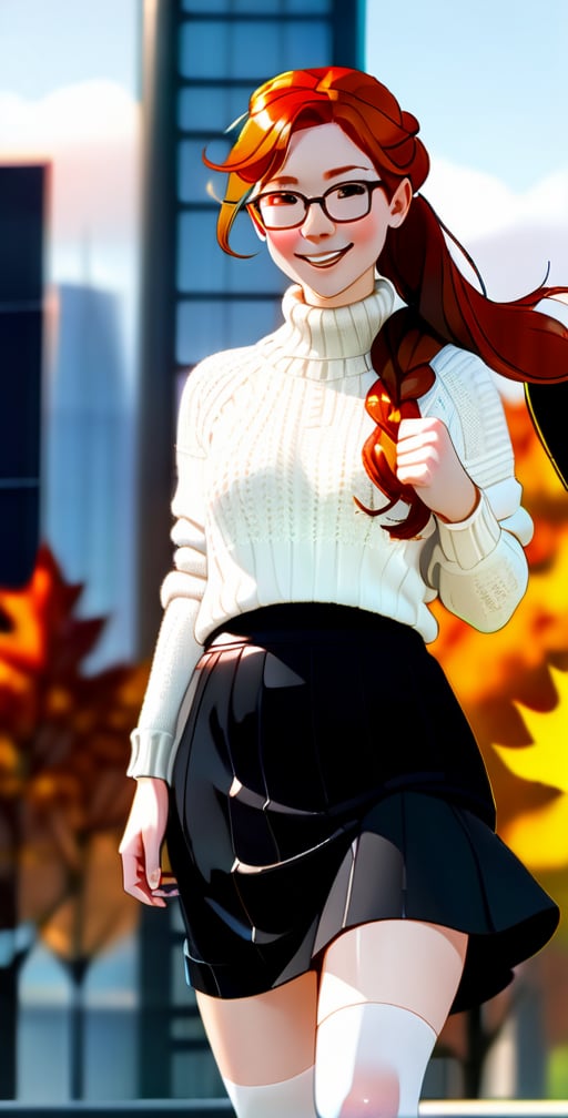 (medium shot: 1.4), female, long hair, (radiant skin: 1.1), wears resin jewelry on neck and wrist, (smirk: 0.5), (white knit sweater: 1.2 ), (black canvas skirt: 1.3), pantyhose, glasses, glasses, one hand on hip, hand on waist, (autumn, fall colors, falling leaves: 1.25), (beautiful, beautiful: 1 ,2), (redhead, ginger hair: 1,3), (braided ponytail: 1,3), (facing viewer: 1,4), detailed background, standing on sidewalk, parked cars (city skyscrapers city: 1.2),
  photo RAM, subject, 8k uhd, dslr, low lighting, high quality, film grain, Fuji film XT3, (fc Portrait: 1.25)