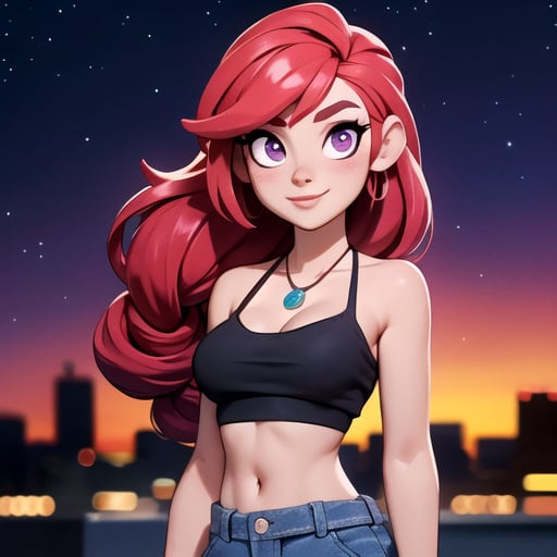 (detailed hyper-realistic face: 1.2), (facing viewer: 1.2),(wears resin jewelry on neck and wrist), (front view), centered, upper body, award-winning frontal photography, masterpiece,
  | (arms resting on her waist), (beautiful detailed eyes and beautiful body: 1.2), braided hairstyle, (peri red hair color), (light purple eyes), (red tube top), abdomen, belly button, jeans low leg,
| sunset, bokeh, depth of field, | urban street city | starry sky, vaporwave color scheme, (saturated colors: 1.2), 3DMM