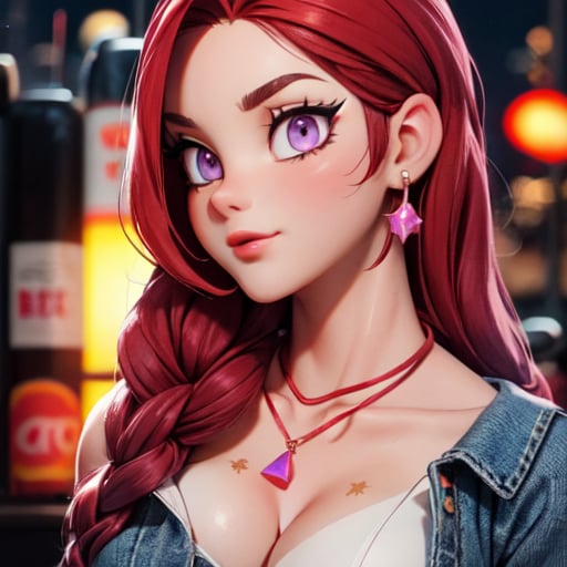 (detailed hyper-realistic face: 1.2), (facing viewer: 1.2),(wears resin jewelry on neck and wrist), (front view), centered, upper body, award-winning frontal photography, masterpiece,
  | (arms resting on her waist), (beautiful detailed eyes and beautiful body: 1.2), braided hairstyle, (peri red hair color), (light purple eyes), (red tube top), abdomen, belly button, jeans low leg,
| sunset, bokeh, depth of field, | urban street city | starry sky, vaporwave color scheme, (saturated colors: 1.2), 3DMM