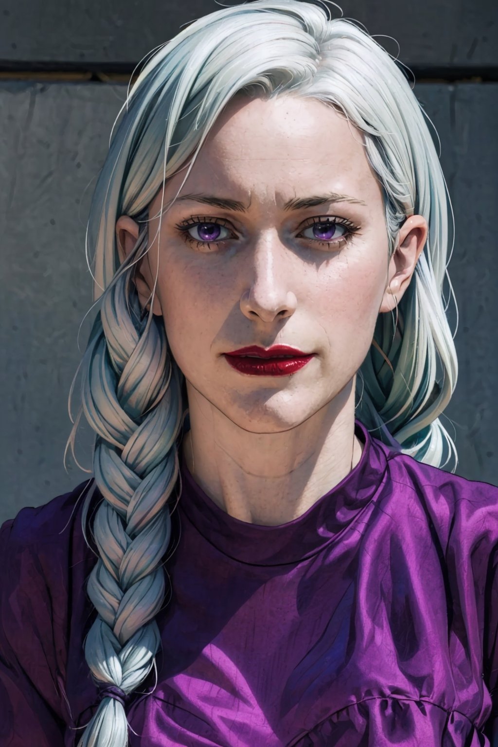 (photorealistic:1.5), anime style, closed mouth:1.0, red lips, pale skin, realistic skin,  dress, detailed pupil,  , blue haired:1.5, solo, standing,Detailedface,meidef,meimeidef, long hair, braid,purple eyes, single braid