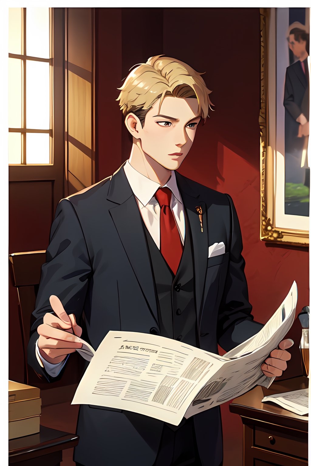 Handsome, charismatic, elegantly, formal clothes, reading newspaper, (masterpiece:1.3), (vibrant:1.2), (more details:1.3), (quality: High quality, Highres, 8K Resolution, detailed),twilight \(spy x family\)