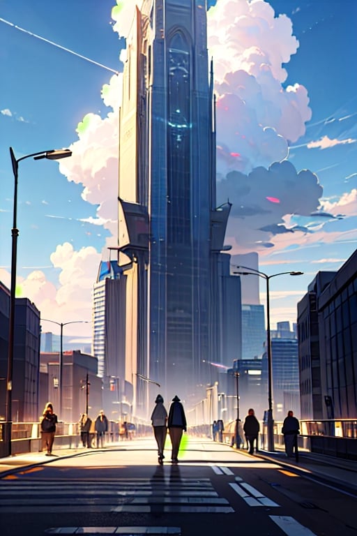 (masterpiece:1.2), anime scenery of modern city, many people walk, sunlight, building, cloud, beautiful sky, plane at sky, like Professionals Photography, anime background, extremely detailed CG unity wallpaper 