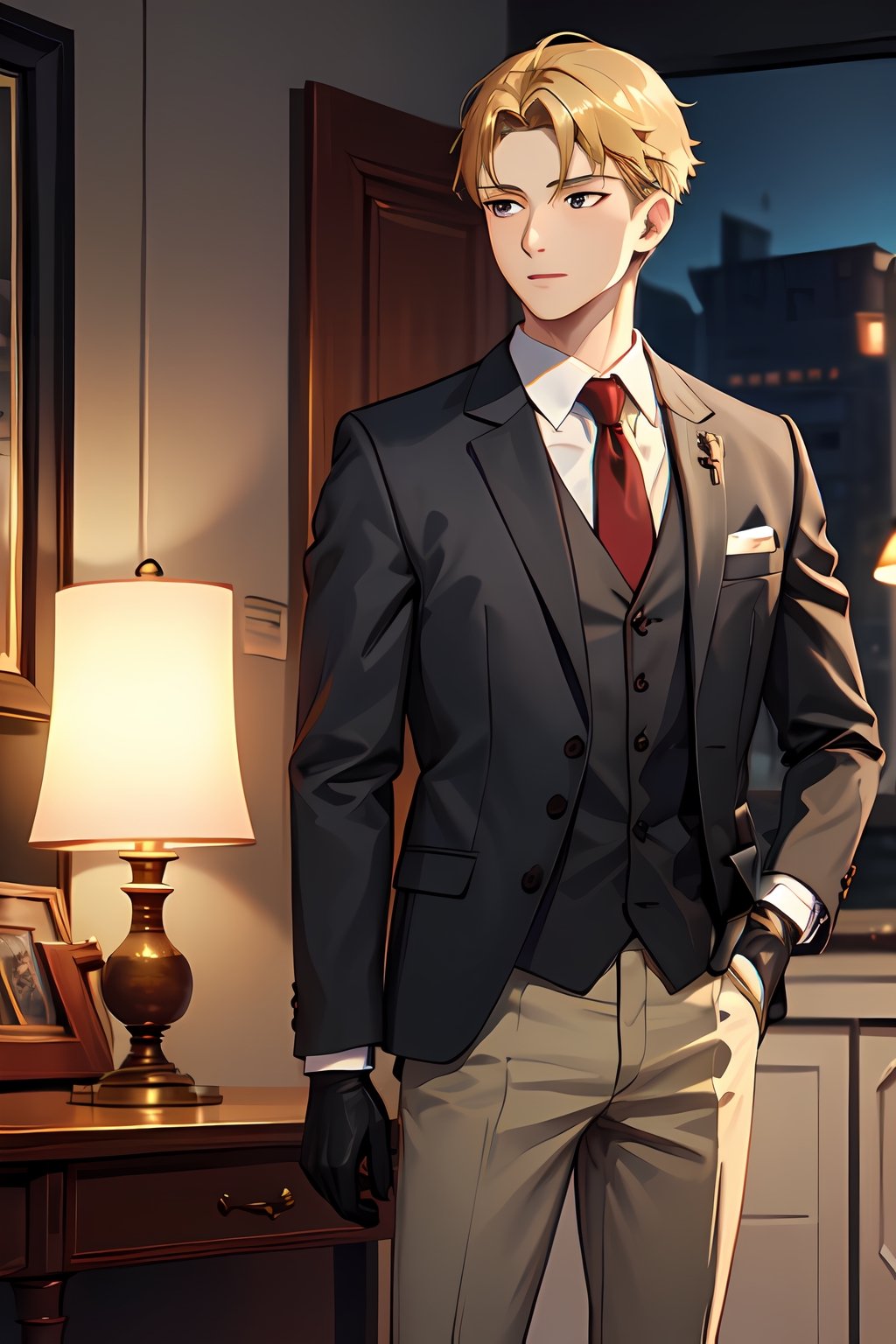 Handsome, blonde hair, charismatic, elegantly, formal clothes, black gloves, (masterpiece:1.3), (vibrant:1.2), (more details:1.3), (quality: High quality, Highres, 8K Resolution, detailed),twilight \(spy x family\)