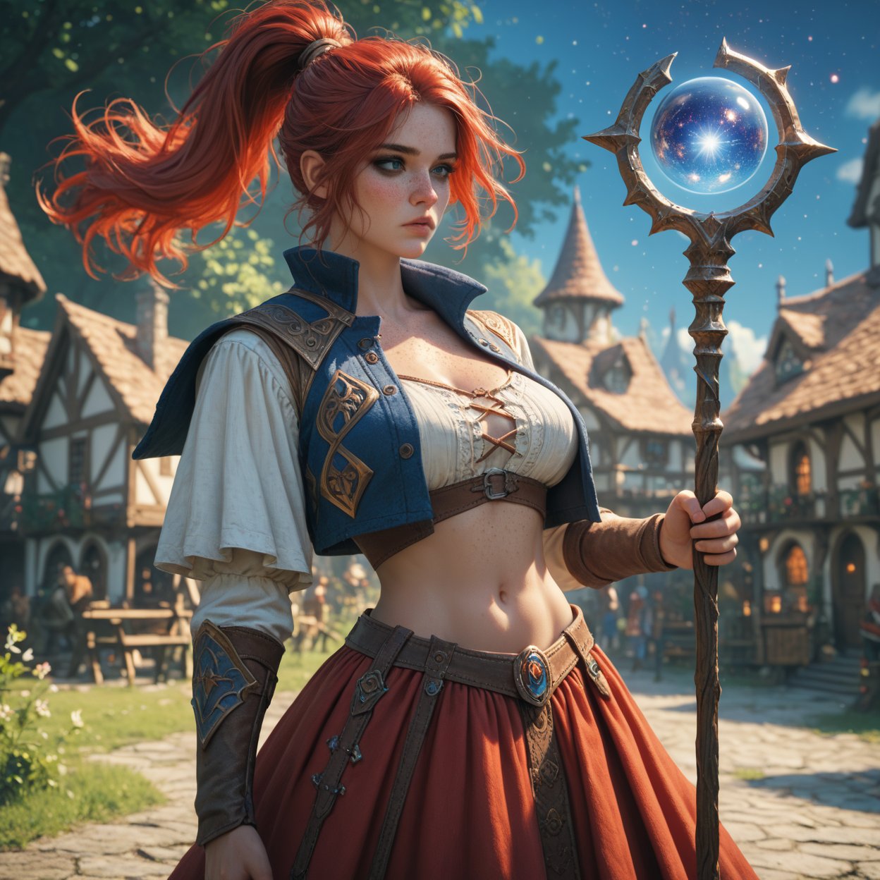 score_9, score_8_up, score_7_up, BREAK, cosmic mage, female, big breasts, blue eyes, red hair, ponytail, freckles, black eyeshadow, sidelocks, skinny, navel, midriff, open vest, mage skirt, orb staff, fantasy village, epic medieval fantasy, 