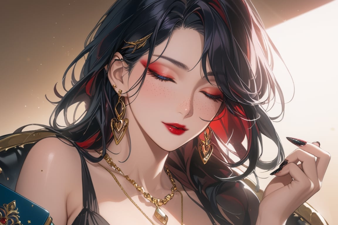 1girl, solo, long hair, looking at viewer, blue eyes, black hair, jewelry, earrings, one eye closed, necklace, nail polish, lips, book, makeup, lipstick, black nails, freckles, red lips,,ptn,official_art,,(masterpiece, best quality:1.2),milf,mature_female,ptn,official_art,mature_female,