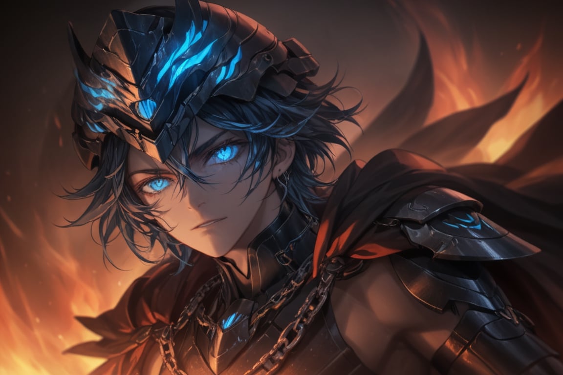 solo, blue eyes, 1boy, male focus, cape, armor, glowing, chain, helmet, fire, glowing eyes, full armor, blue fire, black armor,(masterpiece,best quality:1.2),ptn,official_art),ptn,official_art,,(masterpiece, best quality:1.2),ptn,official_art,detailed face