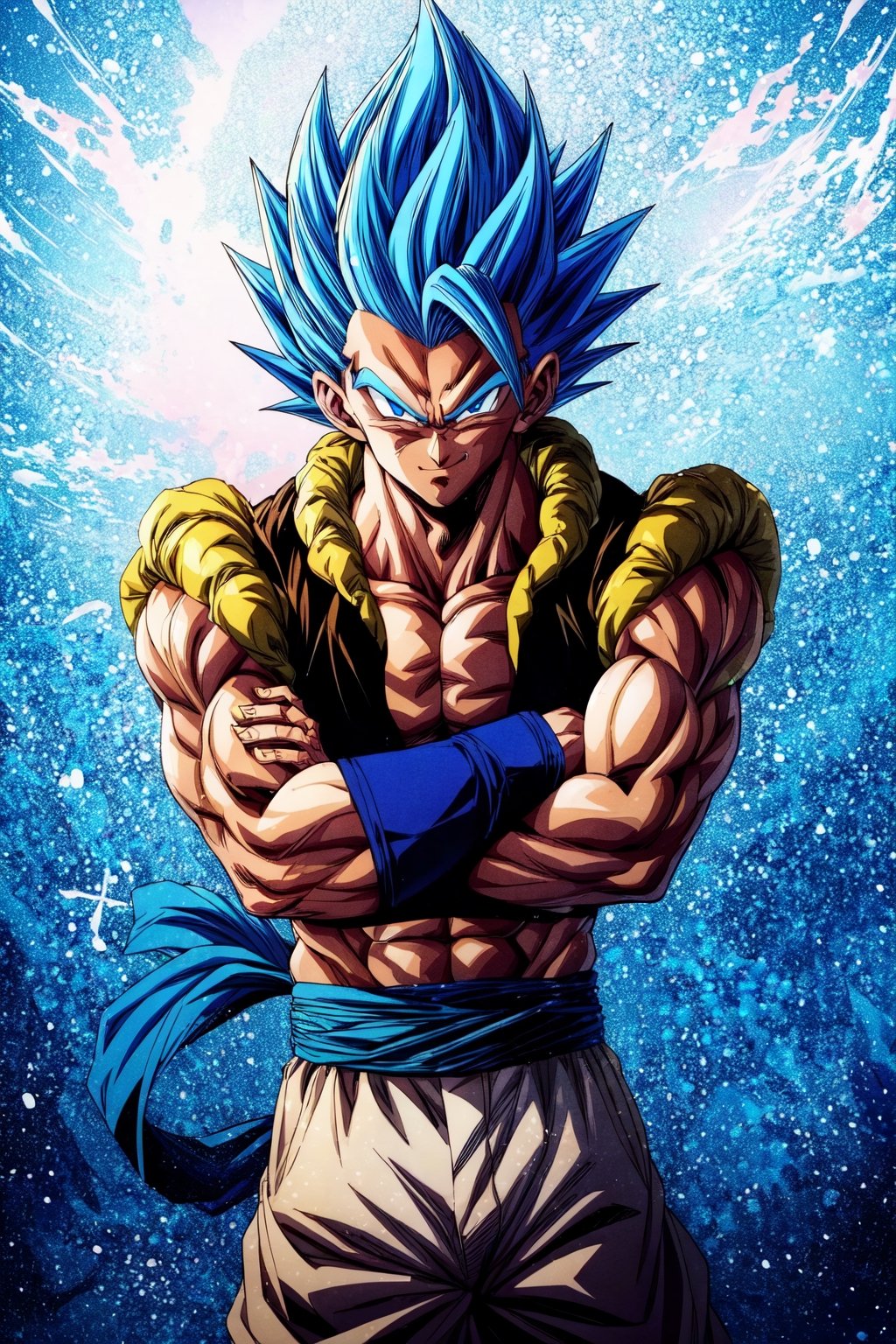 (masterpiece, best quality:1.2), , cowboy shot, solo, male focus, 1boy, gogeta, muscular male, smirk, looking at viewer, crossed arms, blue hair, blue eyes, vest, blue sash, white pants, wristband, tail, pectorals