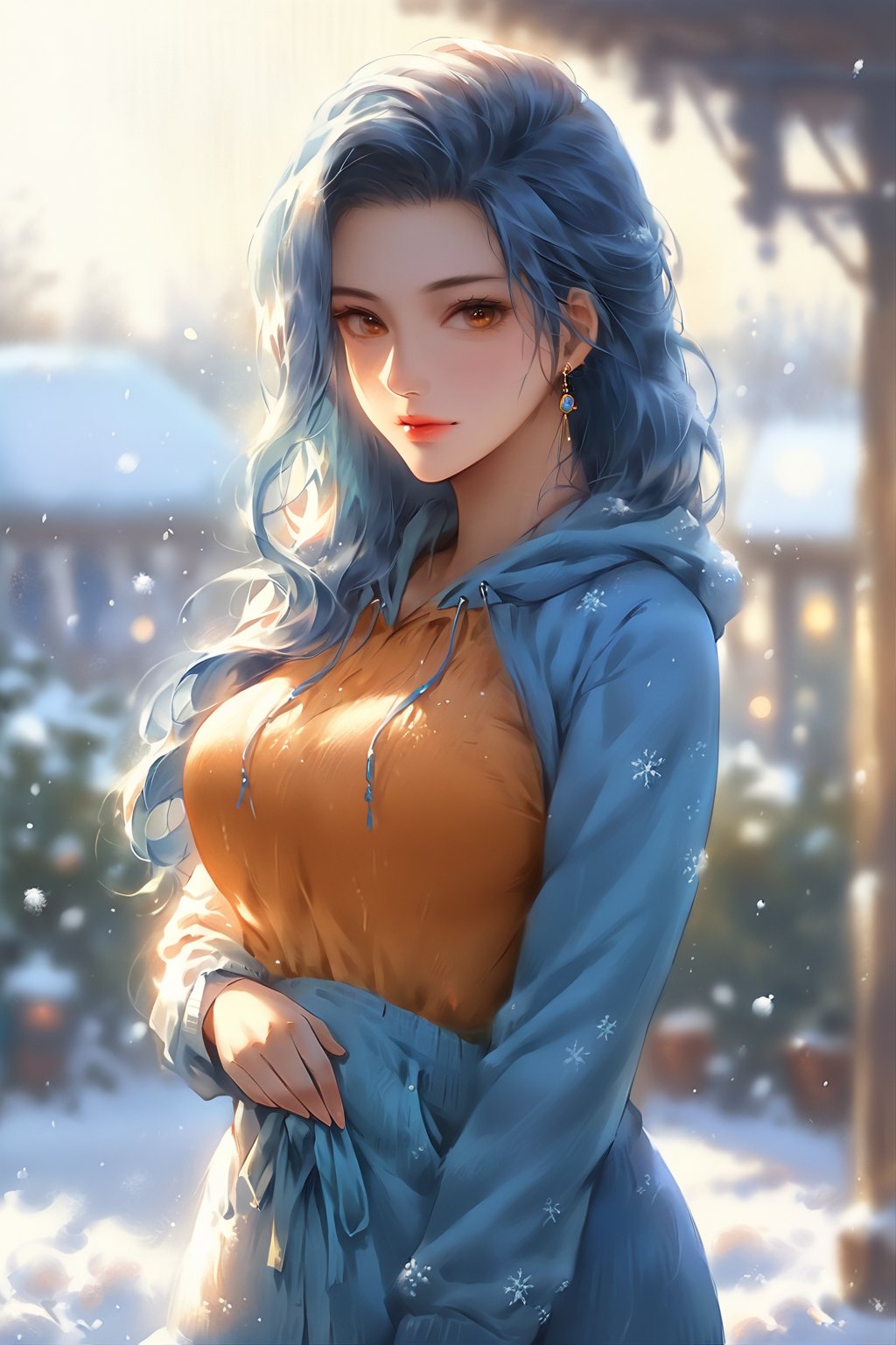 score_9, score_8_up, score_7_up, capture a mid-body shot of a youthful woman with vibrant blue hair and striking orange eyes, enveloped in a warm hoodie as she basks in the golden sunlight on a crisp winter day. Framed against a serene backdrop of soft, powdery snow, her figure is set amidst a quiet, idyllic atmosphere. POV: from just above waist-level.,Xxmix_Catecat,niji5,more detail XL