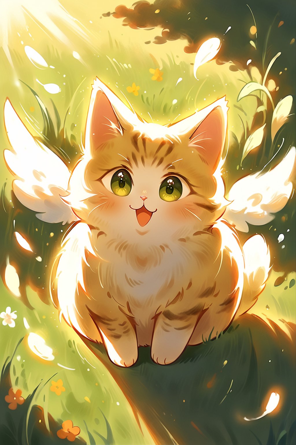 A flying cat soars through a sunny meadow, its fluffy tail streaming behind like a banner. The warm light of late afternoon casts long shadows across the lush green grass as the feline's wings beat rapidly, leaving a trail of gentle ripples in the air. Its eyes shine bright with joy and freedom.,Xxmix_Catecat,niji5,more detail XL