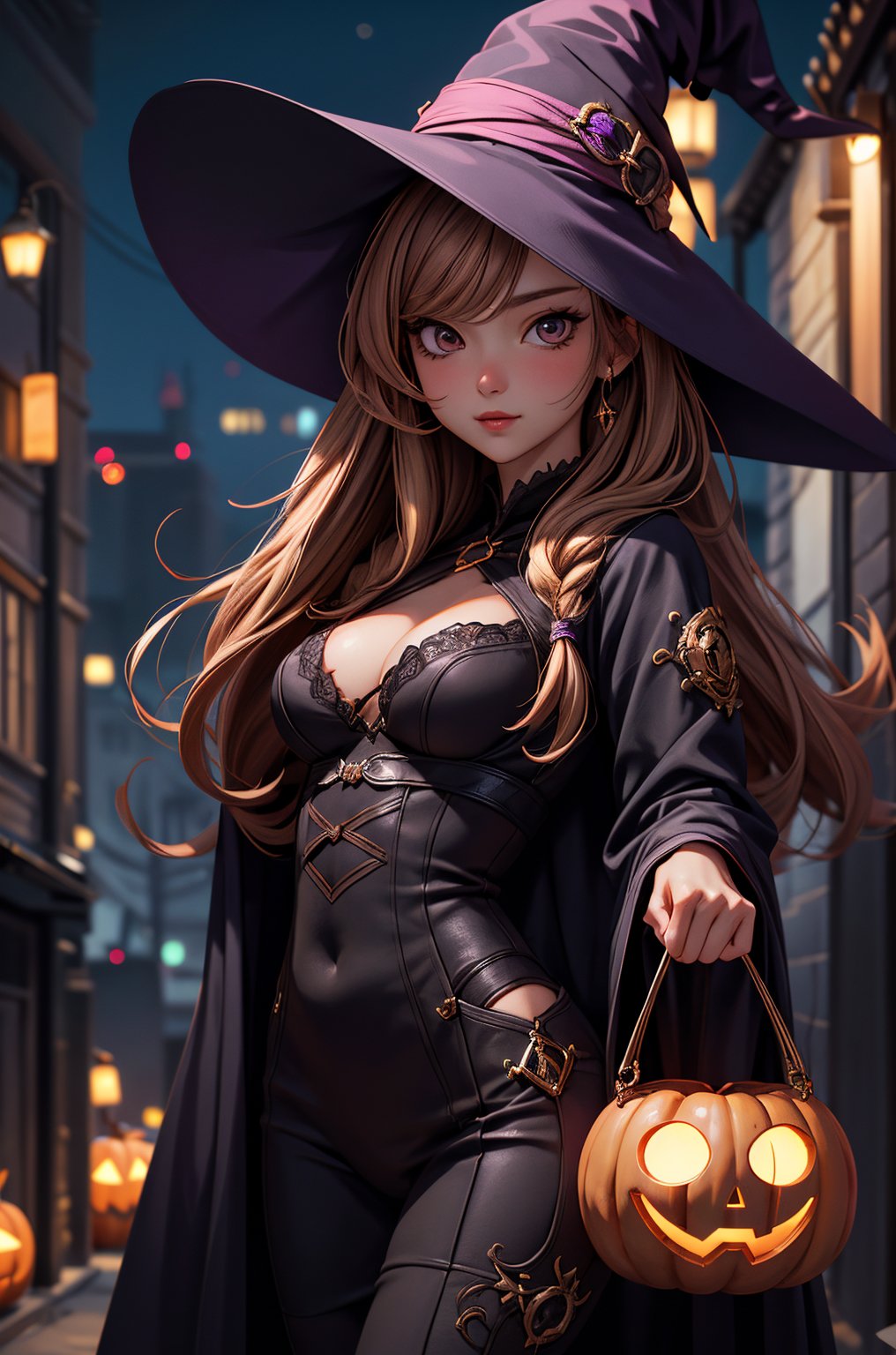 1anime girl, solo, beautiful sexy super model, 23 years old, sexy pony hair, sharp focus, high detail, 16k resolutions, photography, realism, cinematic, wearing witch costume,  night bokeh, old city and halooween background,