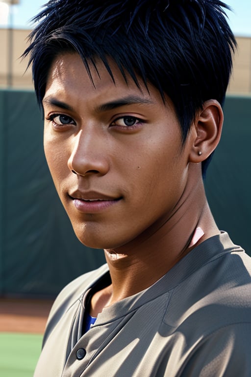 (realistic) school backdrop ,professional photography of a handsome Aomine Daiki (dark skin tone:1.0) , baseball players 