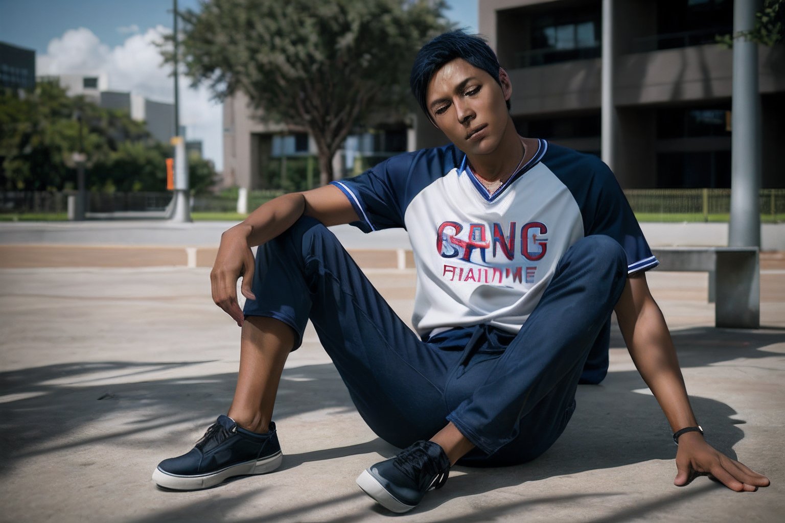 (realistic) professional photography of a handsome cute Aomine Daiki (dark skin tone:1.0) sit on floor in community park, UHD, perfect white balance, Alberto, Canon EOS R6, Prime lens photography, perfectly balanced dim lighting, Real human skin, White balance, Sharp details, unreal engine 