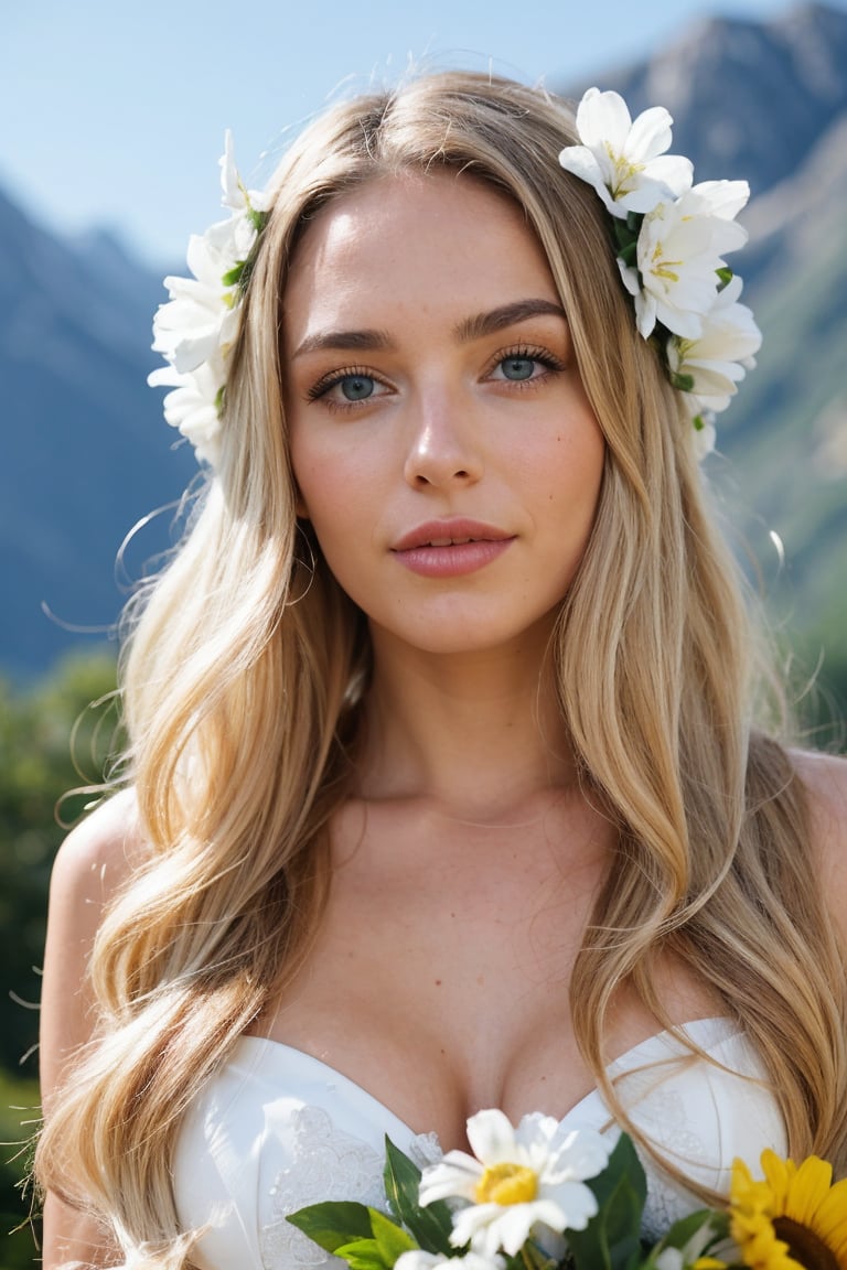 A beautiful woman with light hair, flowers, snow-capped mountains, summer