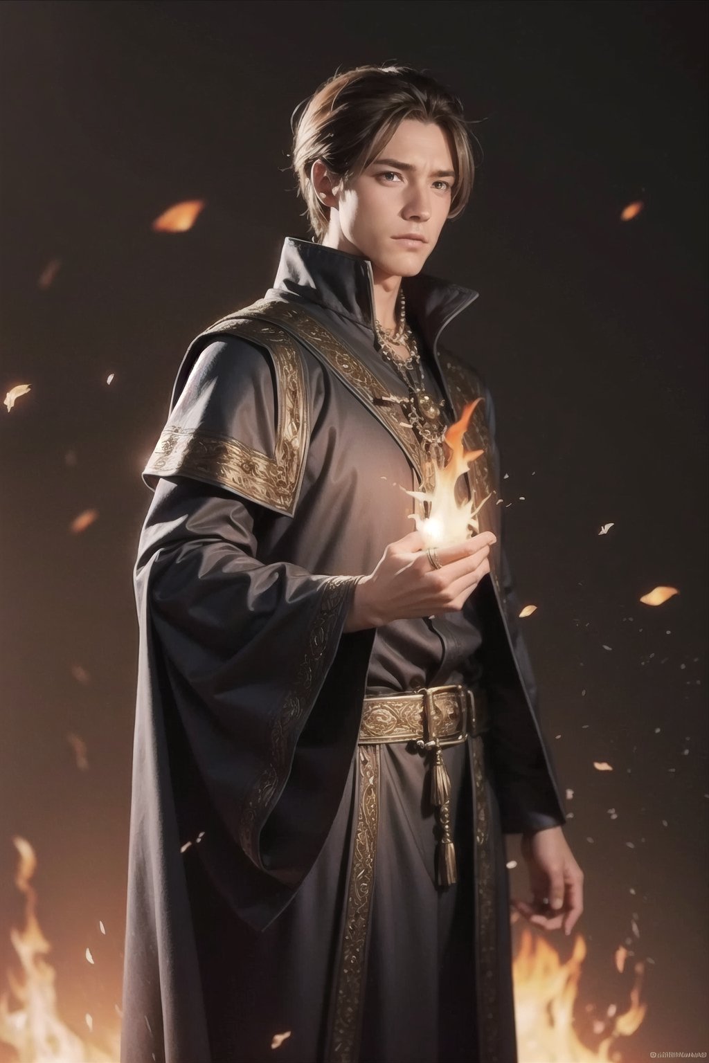 Realistic,  Handsome young wizard ,  fire spell by Mikiwazang on Tensor.Art