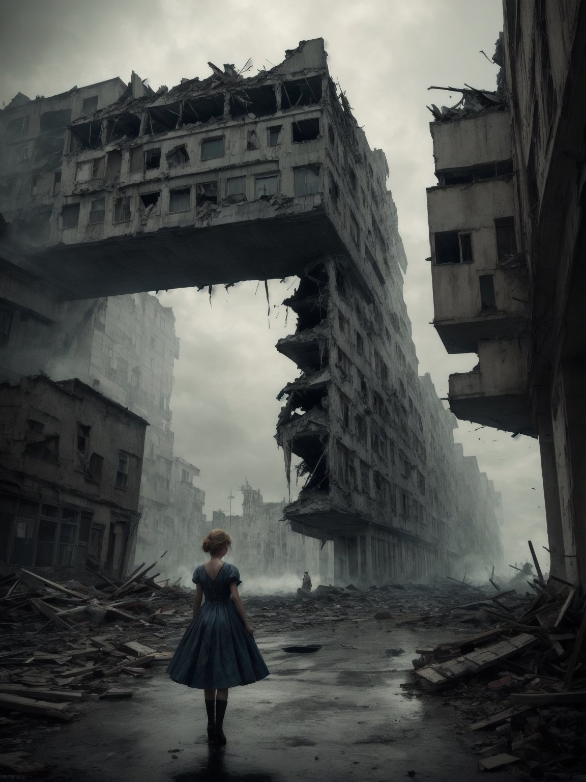 ((masterpiece)),((best quality)), 8k, high detailed, ultra-detailed, Alice in Wonderland, surreal, fantasy, war, Poland, World War II, distressed, damaged buildings, collapsed streets, smoke, scared, hiding, broken doll, dreamlike, dark, intense emotions, historical, atmospheric, realistic, haunting, despair, confusion, fear, chaos, surrealism, dream, escape, journey, powerful, emotional, evocative, vibrant colors, dramatic lighting