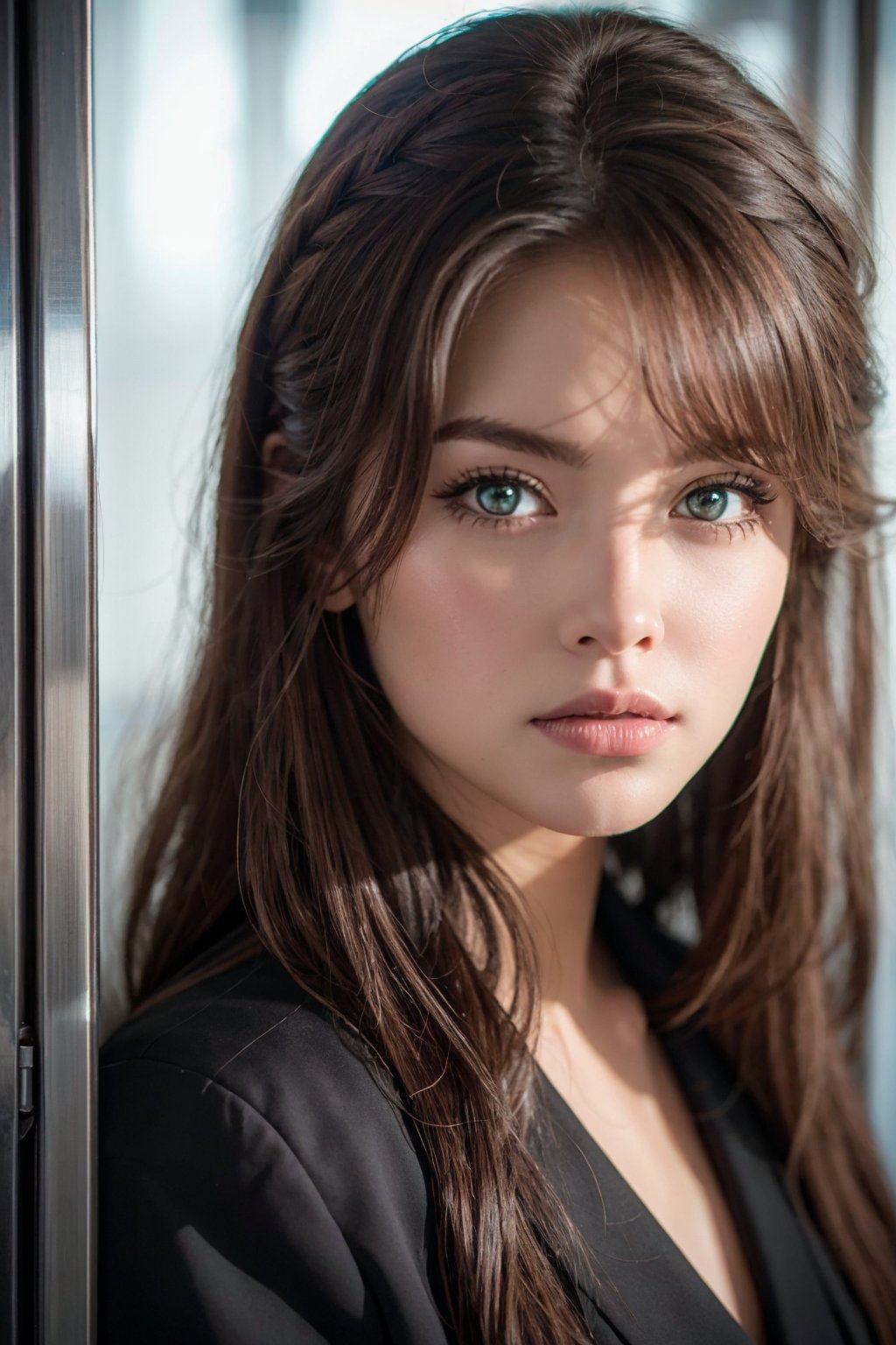 A close-up shot captures the defiant spirit of a stunning female prisoner, her long hair tangled amidst the metal grates of her cell door. Her piercing green eyes flash with determination as she gazes directly at the camera, soft focus and warm lighting highlighting her porcelain skin and full lips. The rusty bars of her cell door create a striking contrast in the background, a testament to her unyielding resolve.