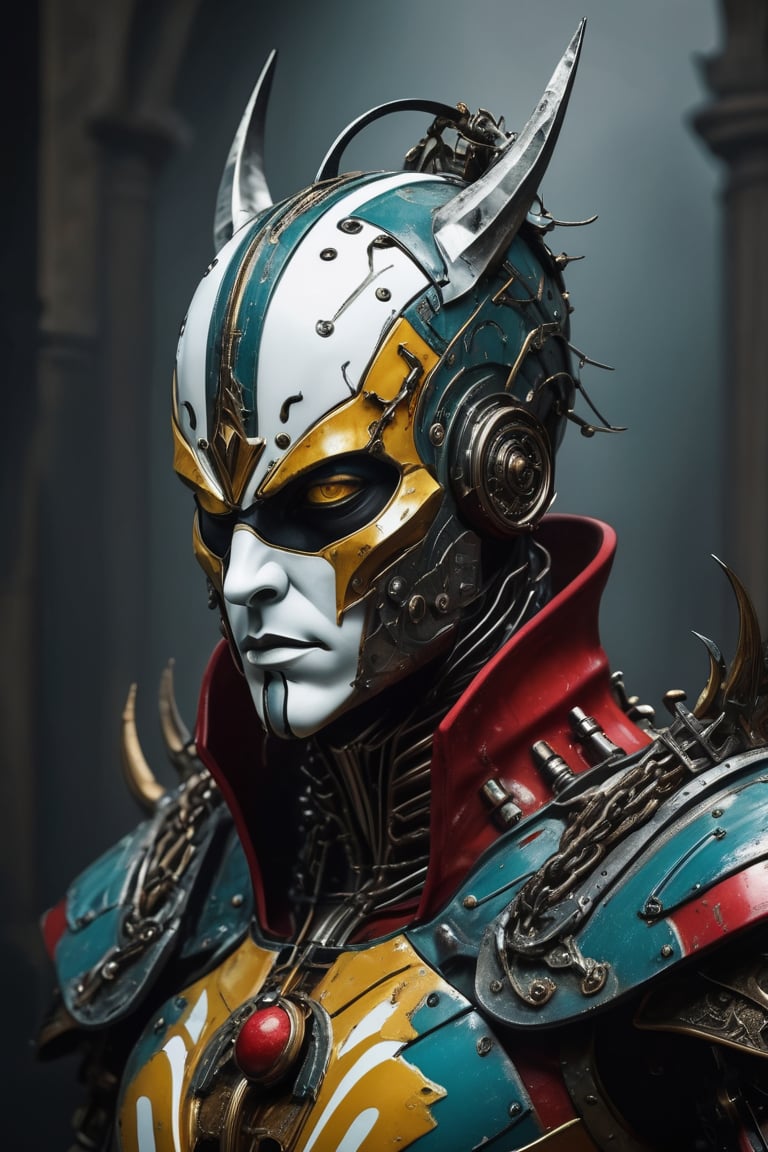 3D artwork, upper body of a caracter represesenting a mighty style harlequin eldar male robot with a high surreal white mask, (surrealistic big stylized full metal helm that resembles the shape of a jester's hat), mantle, bolts and iron chains. (Majestic pose:1.4), (hieratic expression:1.6), emerging from the darkness in the style of Caravaggio. (Red), teal, (yellow), white forming perfect stripes ornamental patterns on a (rusted:0.8) armor. Matte surfaces. Side light, UHD, high resolution, 8k, black gothic cathedral interior background, warm golden light 