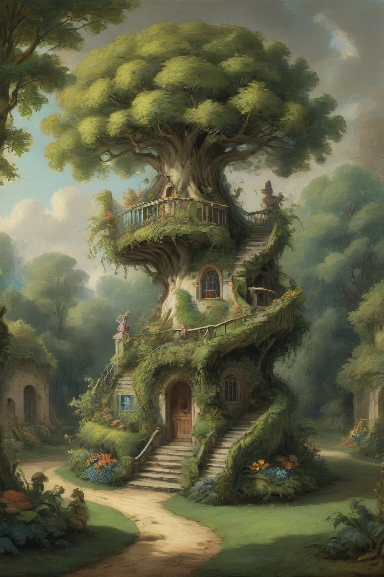 A mystical greenery garden with a treehouse in the center, masterful whimsical topiary sculptures, baroque style vases, flowers, esotic birds, (multiple fantastic spirals of branches and leaves:1.9), dreamy atmosphere, golden vibes, romantic landscape. Masterpiece, rococo style, painted by Francois Boucher and Jean-Honoré Fragonard