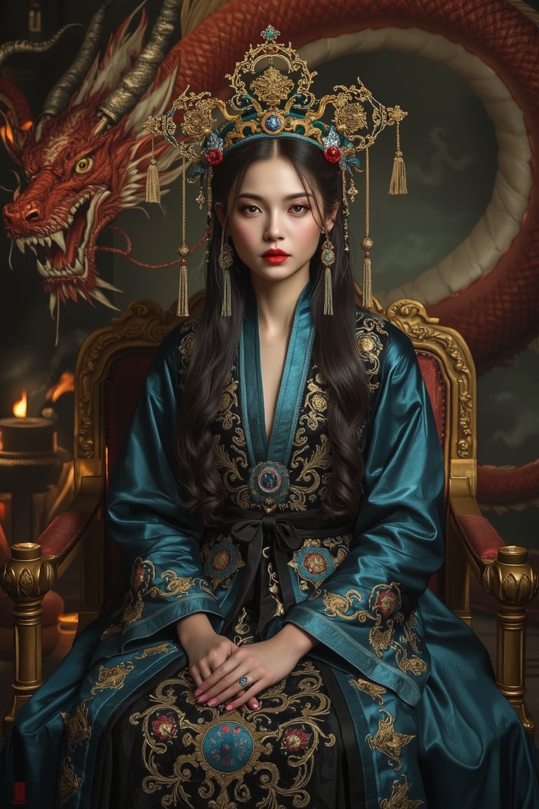 Portrait of a character representing a fantasy chinese goddess, celestial beautiful (manga:1.4) face. She wears the most sumptuous wedding hanfu dress made of blue, and  black silk and richly (embroidered:1.2) with gold and silver threads,  intricately carved golden (badges and tassels:1.2), golden crown, dark gothic temple background with a huge ultra high detailed (chinese red dragon:1.4). (Fire and flames) and clouds of smoke. Oil painted by Rembrandt. Stunning interpretive visual, gothic regal, colorful, dreamy magical atmosphere, cinematic light, side lightings, Midjourneyart