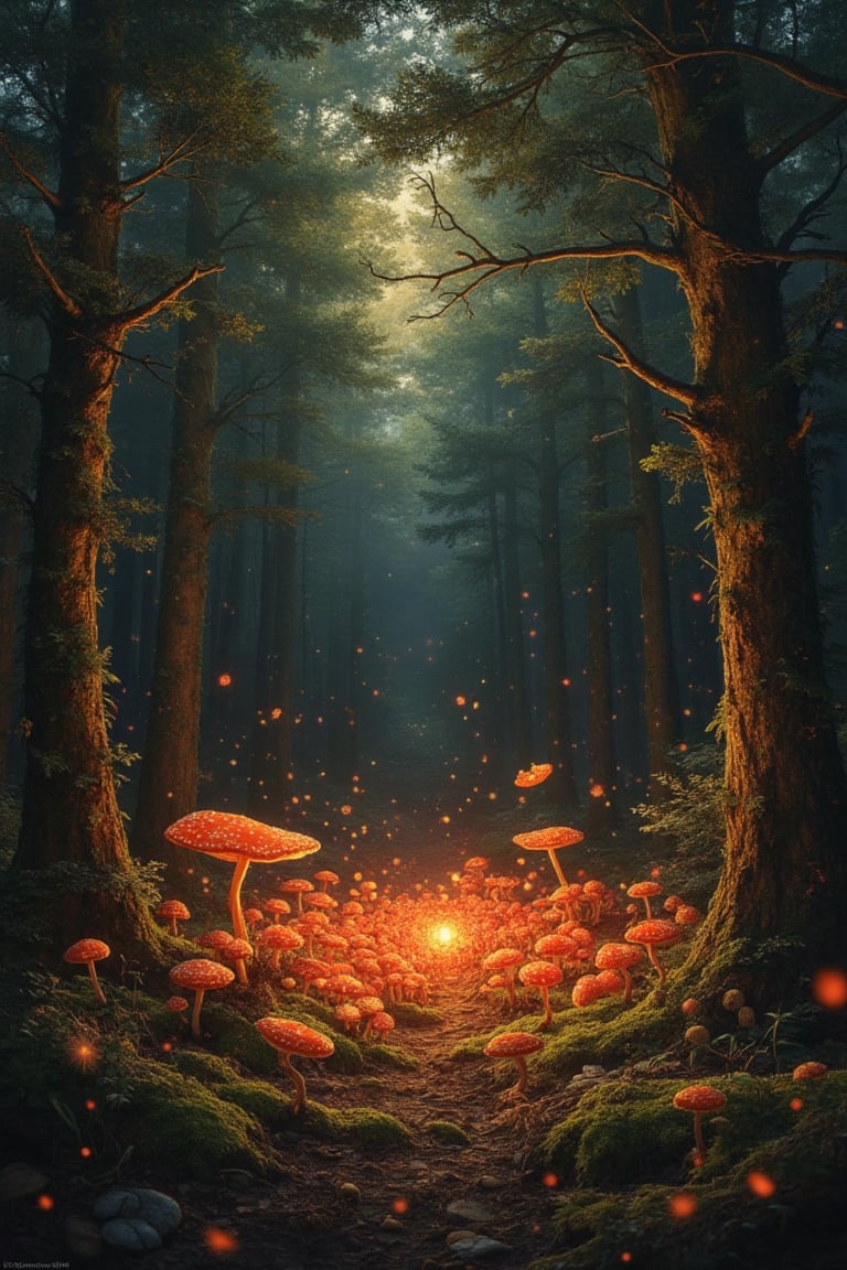 The masterful brushstrokes of Peter Paul Rubens and Rembrandt give life to a circle of red mushrooms in a forest clearing....