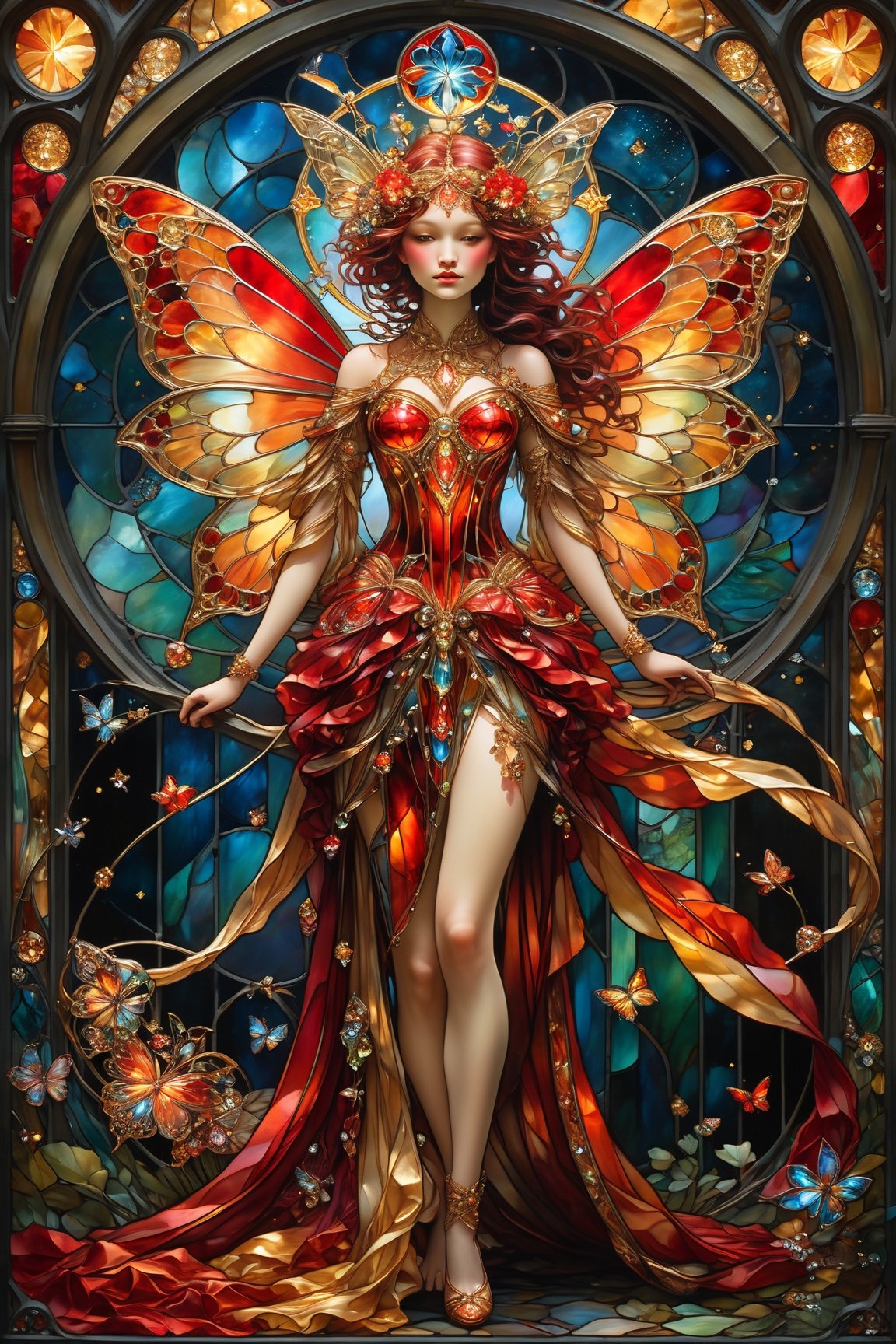 Full body red and gold dressed fairy, magical fantasy art is done in oil paint and liquid chrome, liquid rainbow, best quality, golden line, fairytale, patchwork, (stained glass:1.2), storybook detailed illustration, cinematic, ultra highly detailed, tiny details, beautiful details, mystical, luminism, vibrant colors, complex background, resolution hyperdetailed intricate liminal eerie precisionism, intricate background, (dark luminescent:1.2) art by Alphonse Mucha, Kinuko Y Craft, Esao Andrews, crystalz