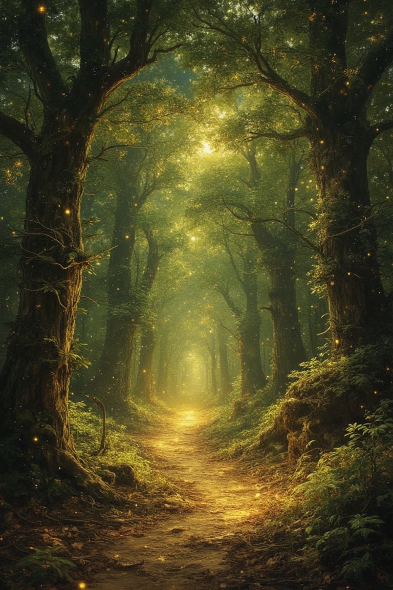 The masterful brushstrokes of Peter Paul Rubens and Rembrandt give life to a path in the enchanted forest. The path radiat...